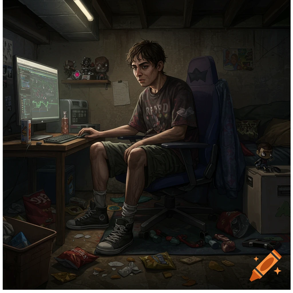 A young man sits at a computer in a messy room.