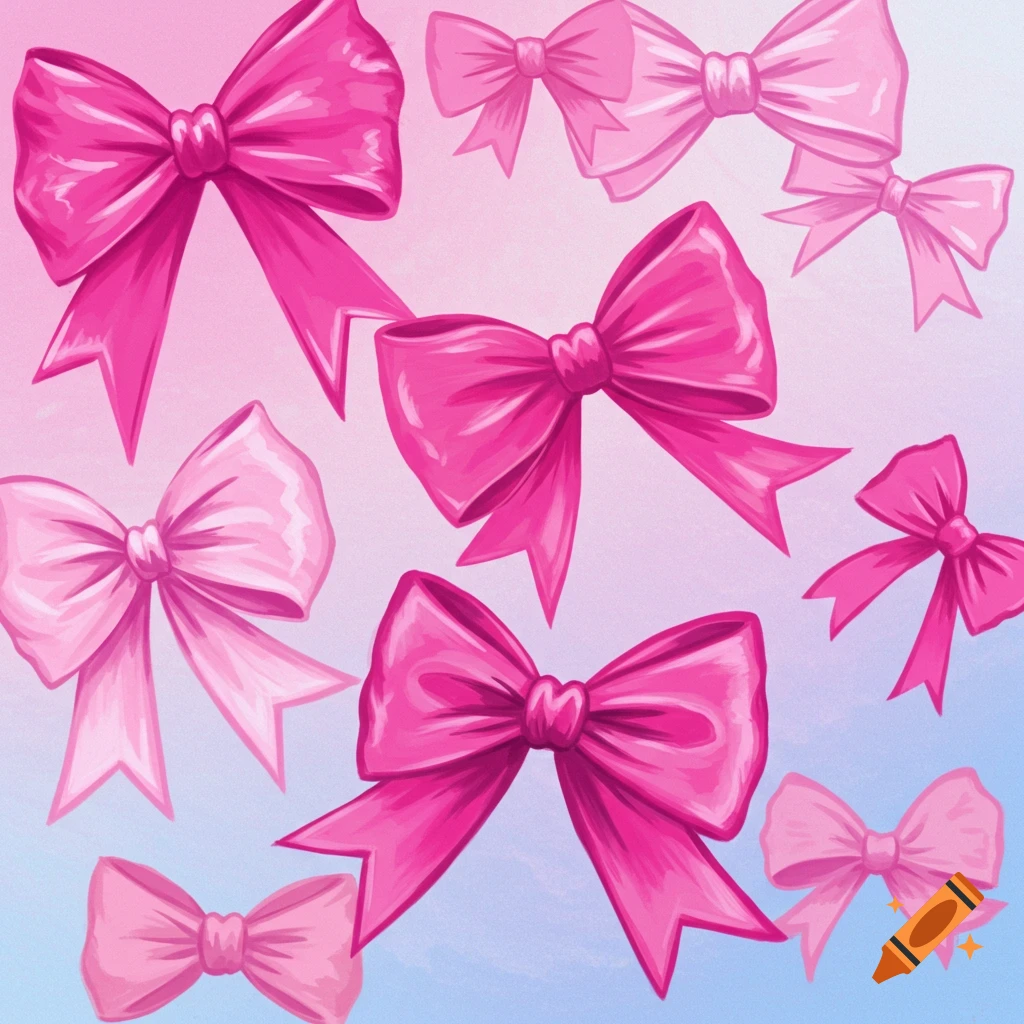 An illustration of multiple pink bows on a pink and blue gradient background.