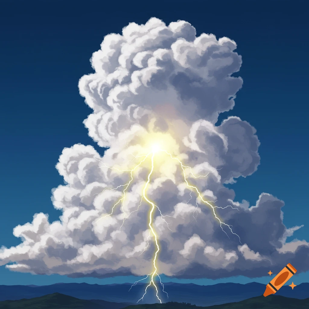 A large cumulus cloud with bright lightning strikes over rolling hills in an illustration.