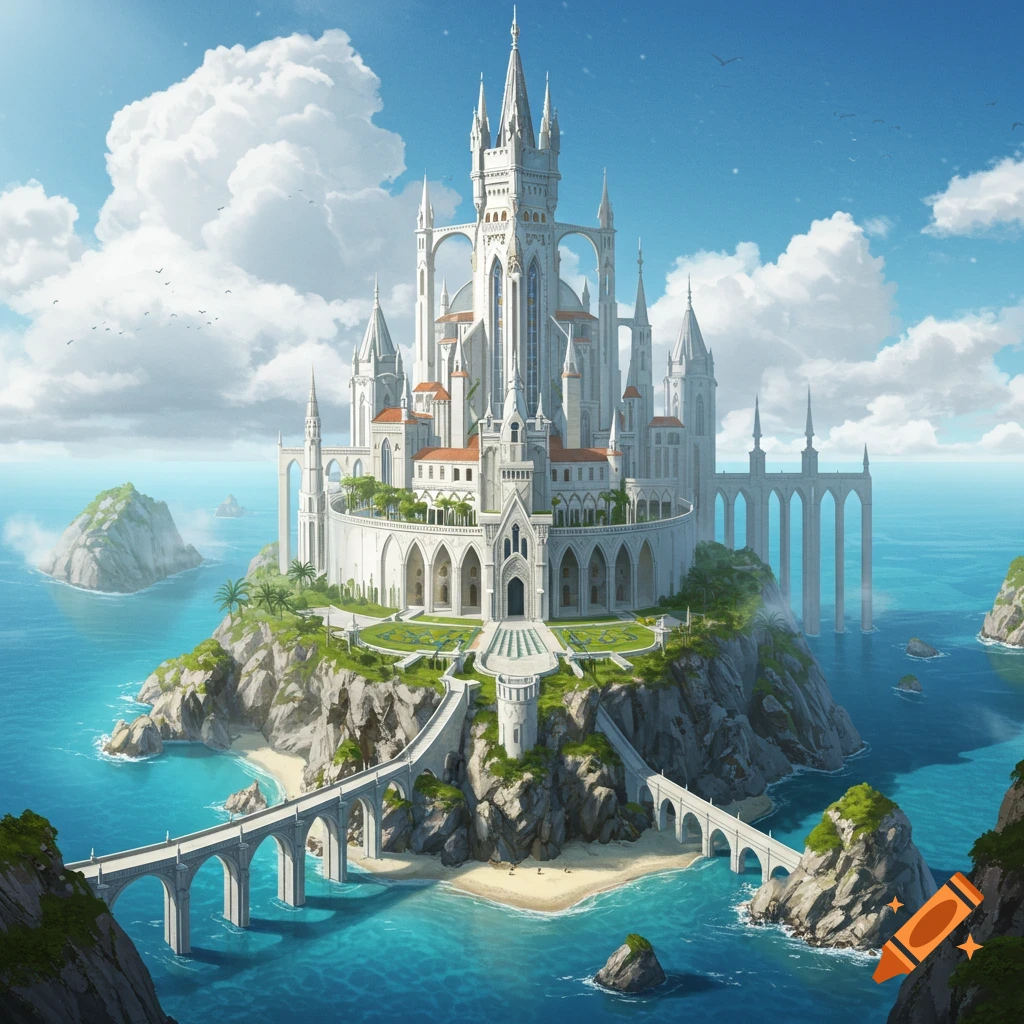 A grand white fantasy castle sits atop a rocky island surrounded by blue water, connected by bridges under a cloudy sky.