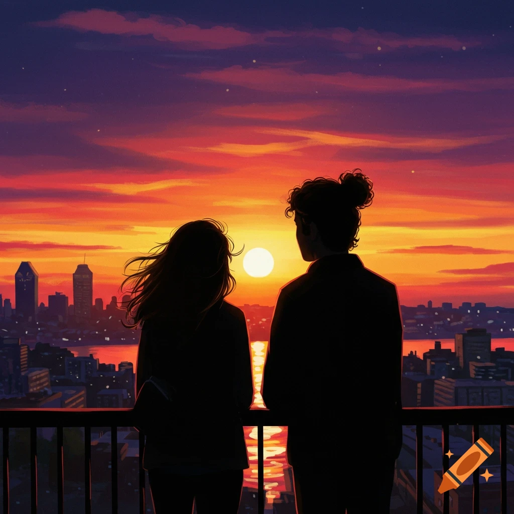 Silhouette of a couple watching a dramatic sunset over a city skyline from a balcony