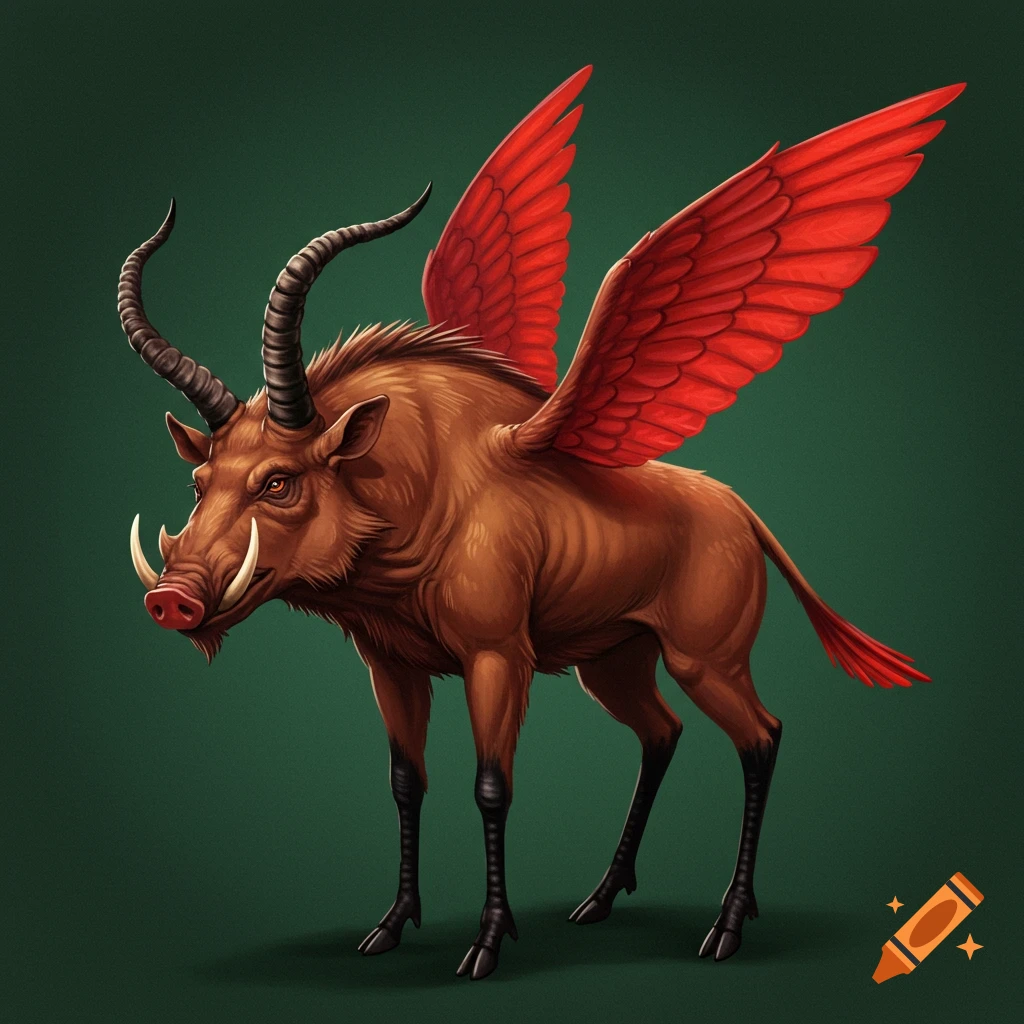 A fantasy creature resembling a babirusa with large horns, red wings, and long black legs standing on a green background.