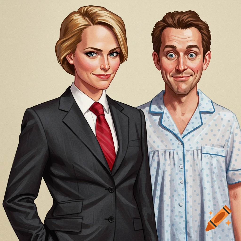 Illustration of a woman in a suit standing next to a man in a polka-dot dress.