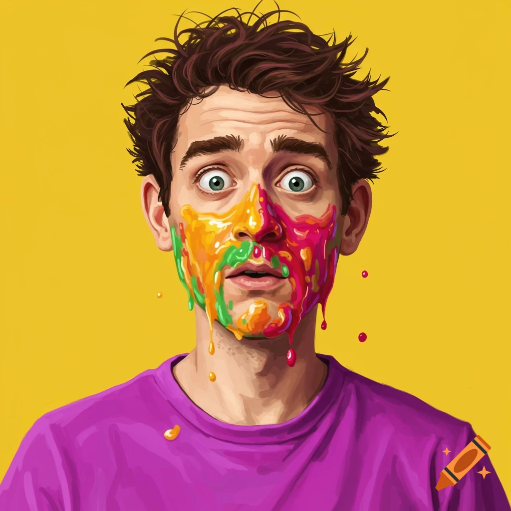 Illustration of a man with colourful paint dripping down his face.