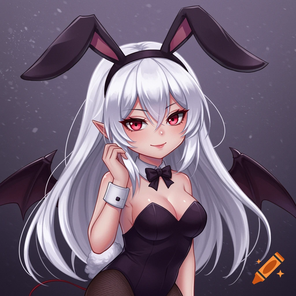 Anime illustration of a demonic bunny girl with white hair, red eyes, bat wings, and a black bunny suit.