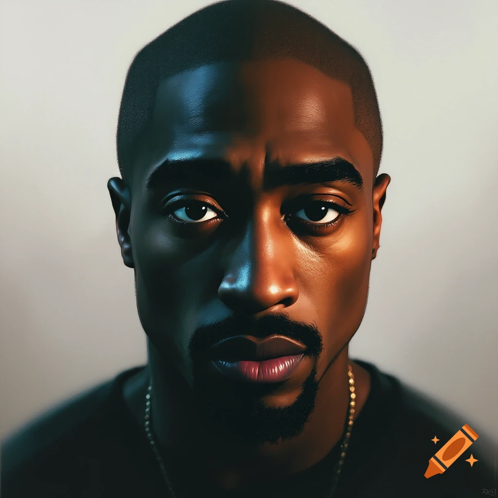 Close-up portrait of a man resembling Tupac Shakur with dramatic lighting.