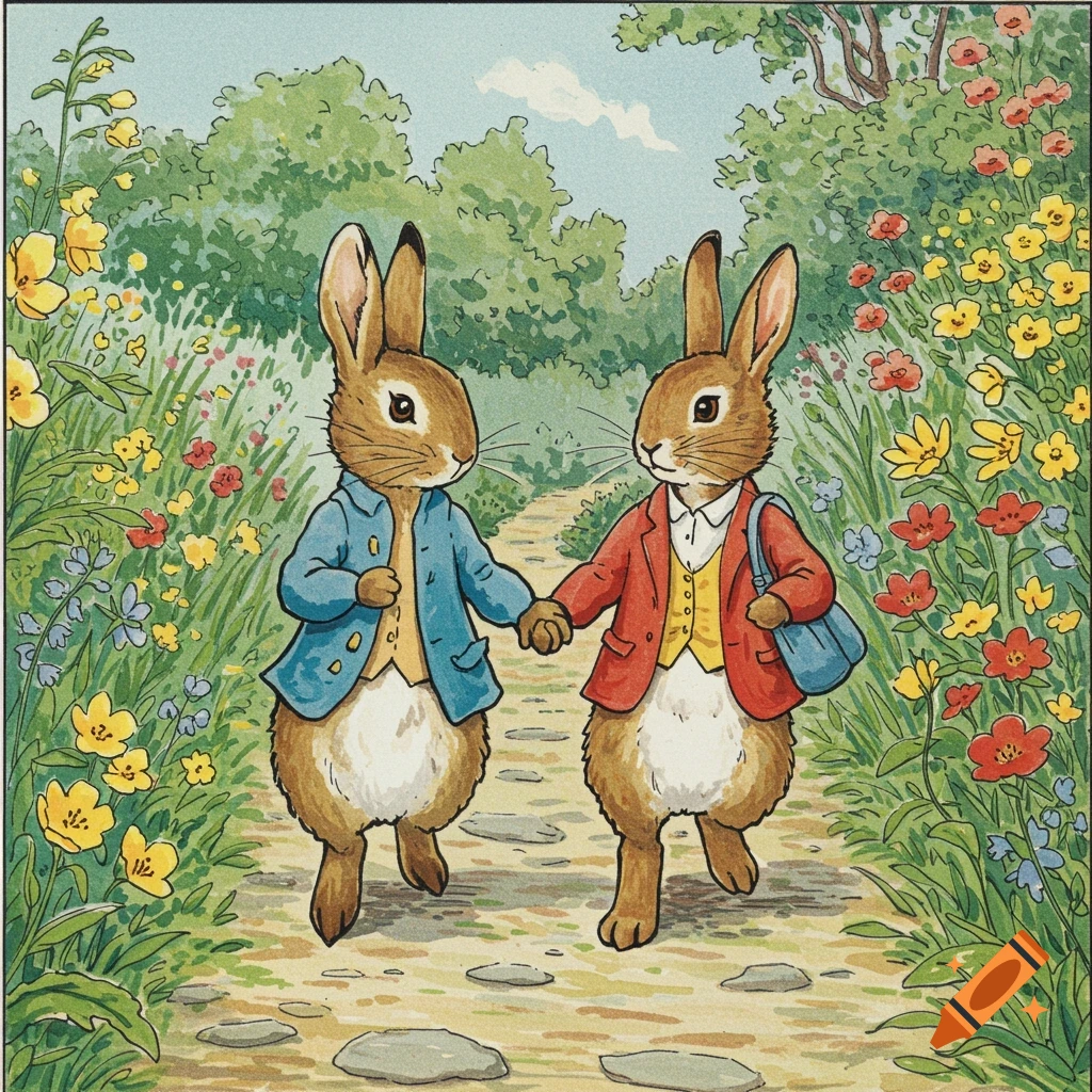 Two rabbits, Peter Rabbit and Benjamin Bunny, holding hands and walking down a garden path in an illustration style.
