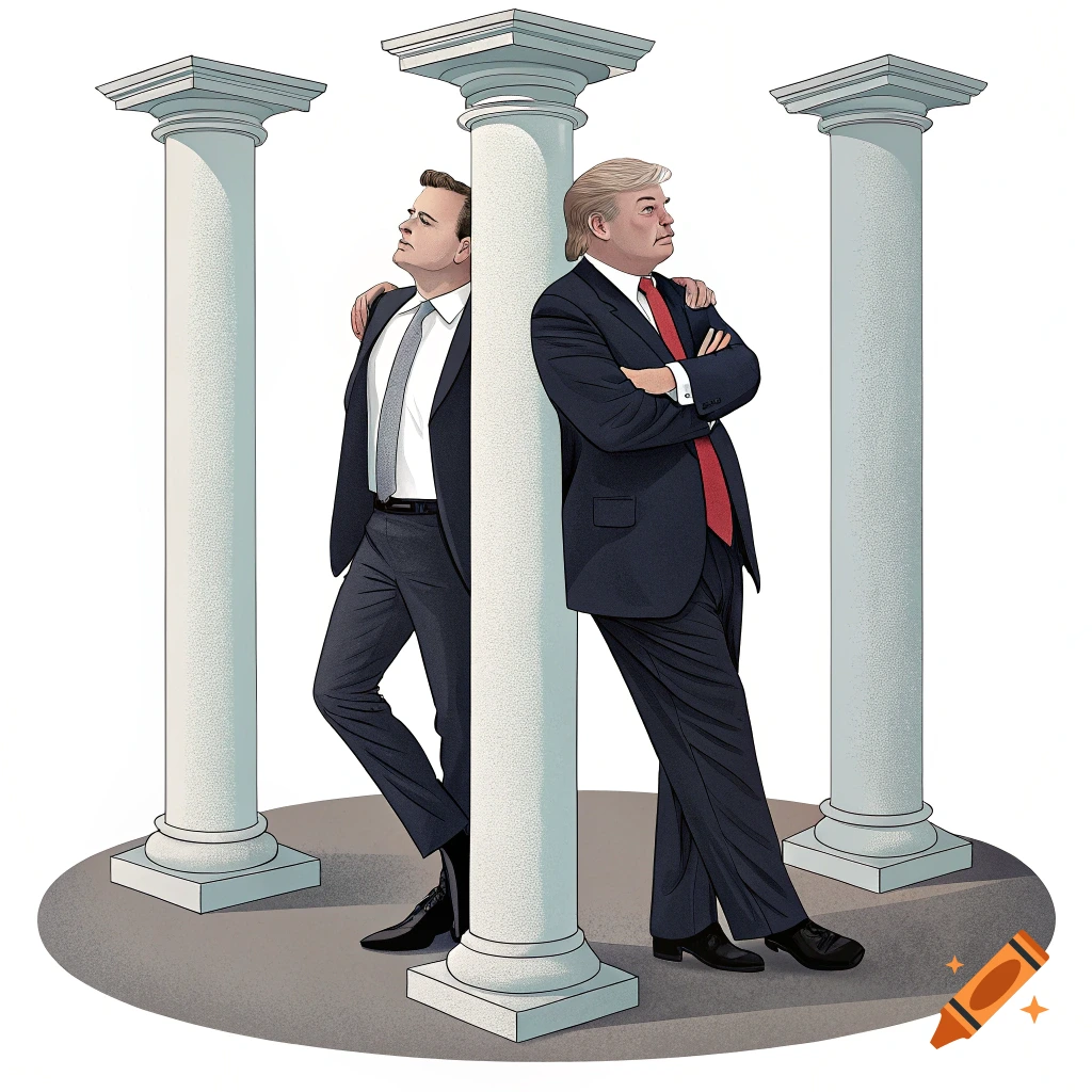Illustration of two men resembling Elon Musk and Donald Trump leaning against classical pillars.