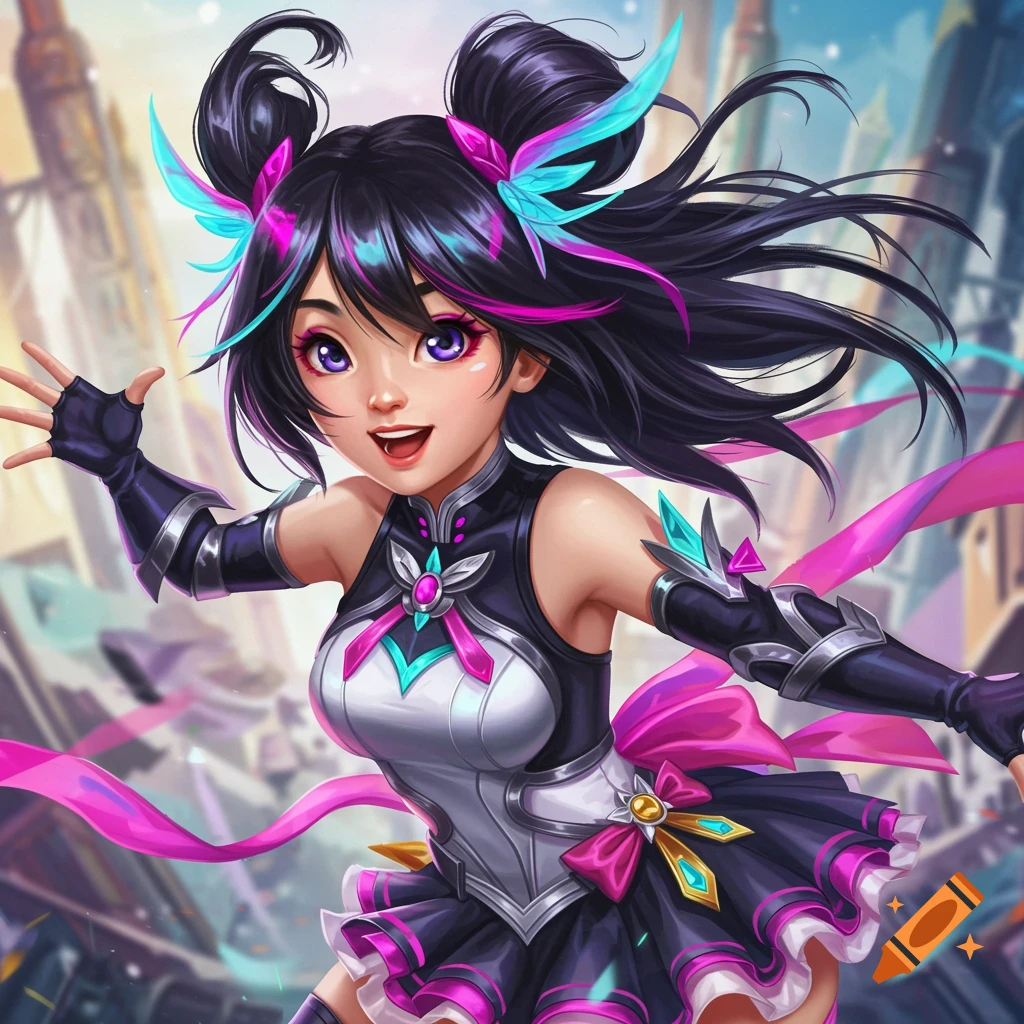 Anime-style girl in a black and white fantasy cosplay outfit waving in a city.