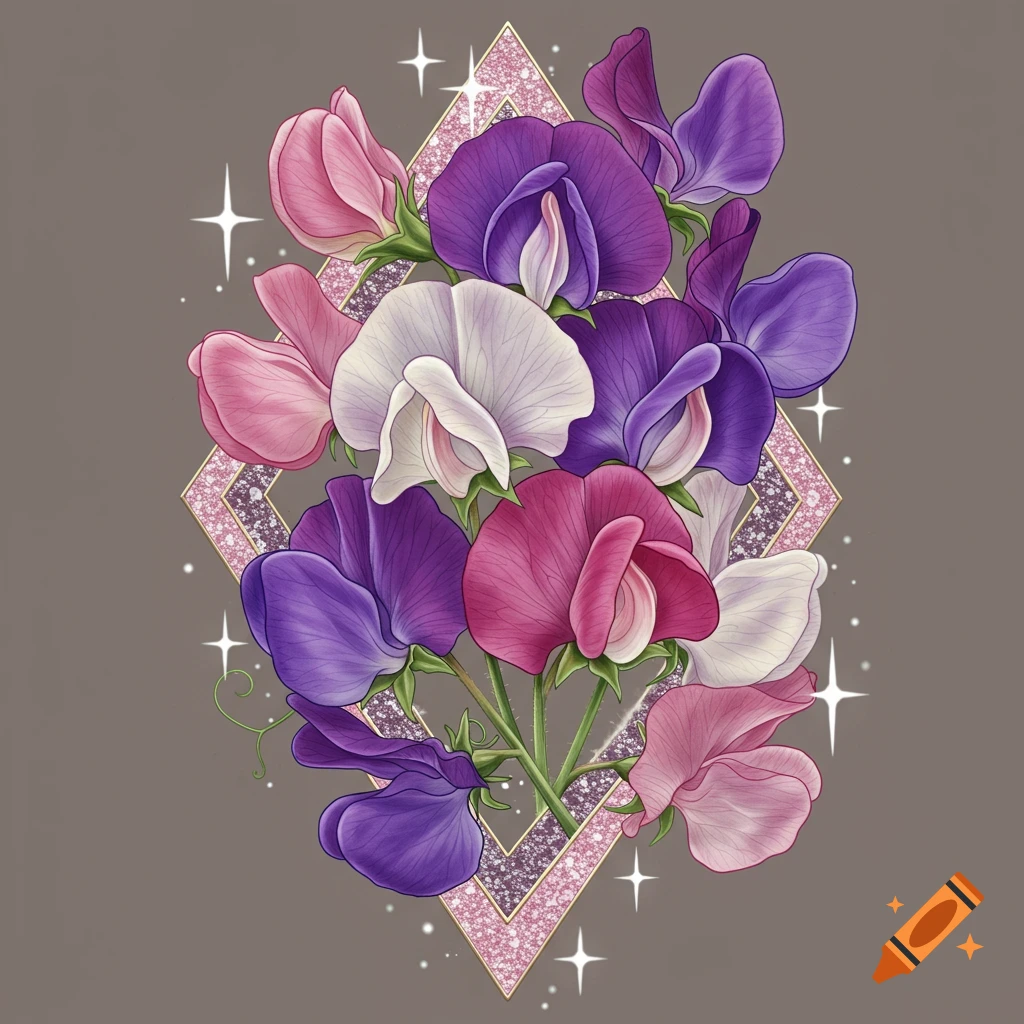 Sweet pea flowers in pink, purple, and white within a pink glitter diamond shape, realistic illustration.