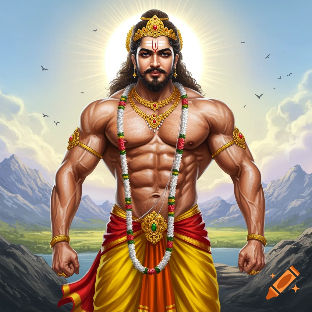 Muscular figure in Indian deity style clothing stands against a mountainous landscape with a bright sun.