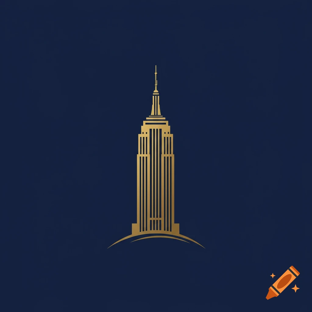 A golden line art logo of the Empire State Building on a dark blue background.