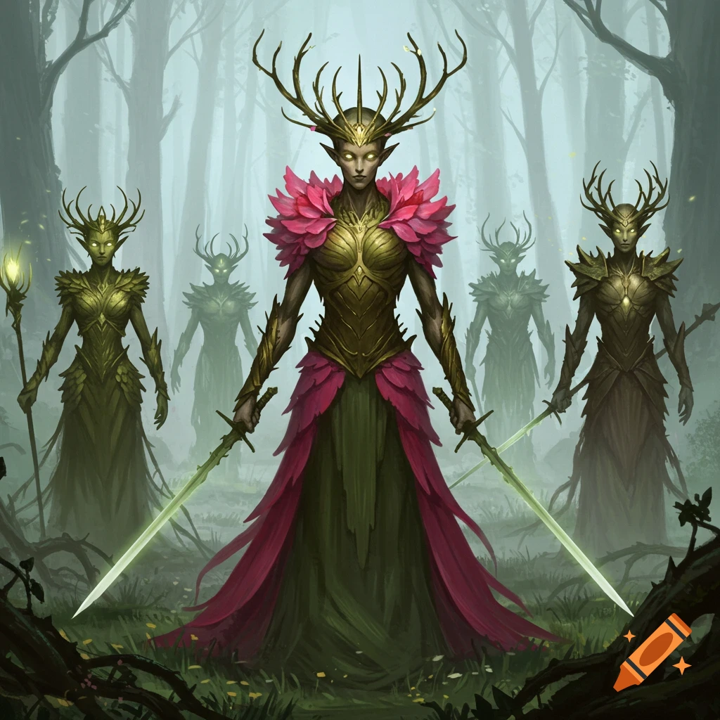 Five fantasy figures with antlers and glowing eyes stand in a misty forest, some holding swords.