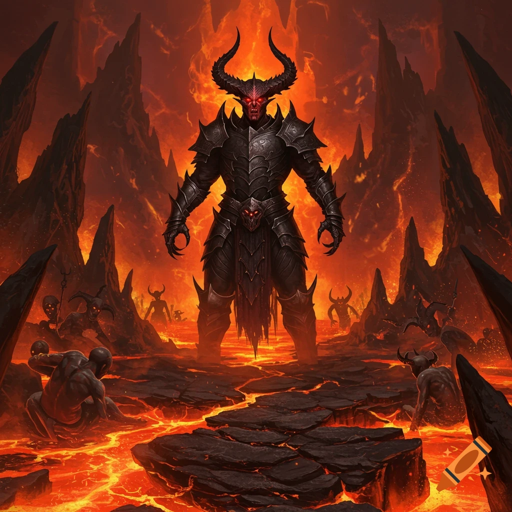 A large demonic figure in dark armor stands in a hellish landscape with lava and smaller demons.