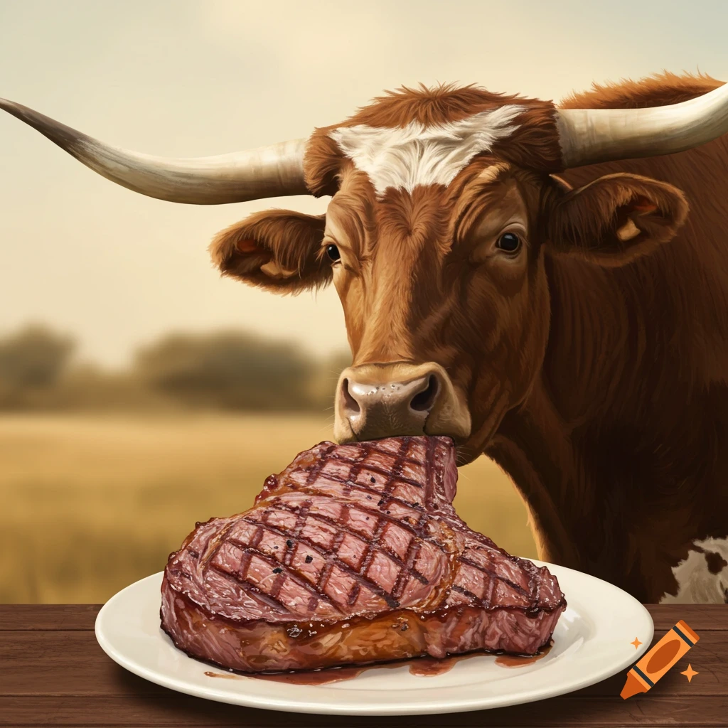 A longhorn cow licks a cooked steak on a plate in a field. Realistic illustration.