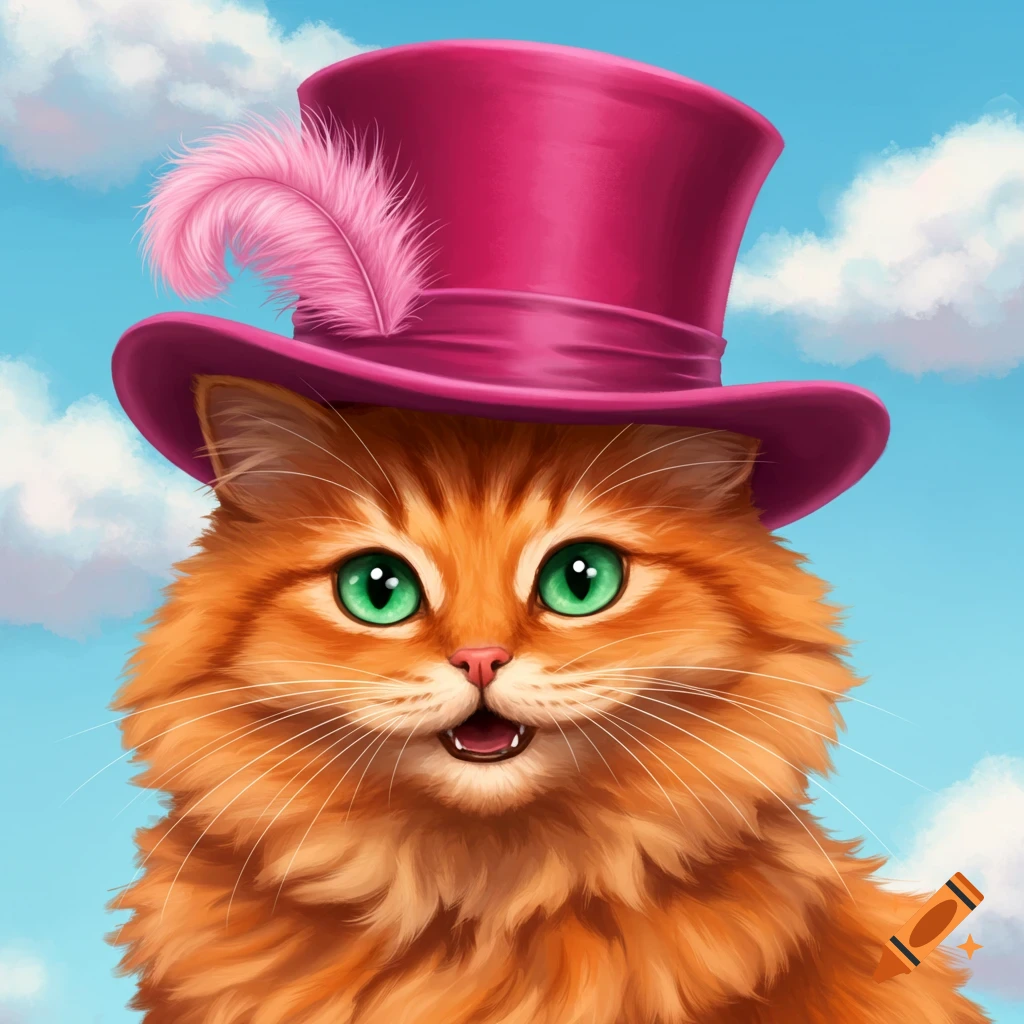 An orange cat wearing a pink top hat with a feather.