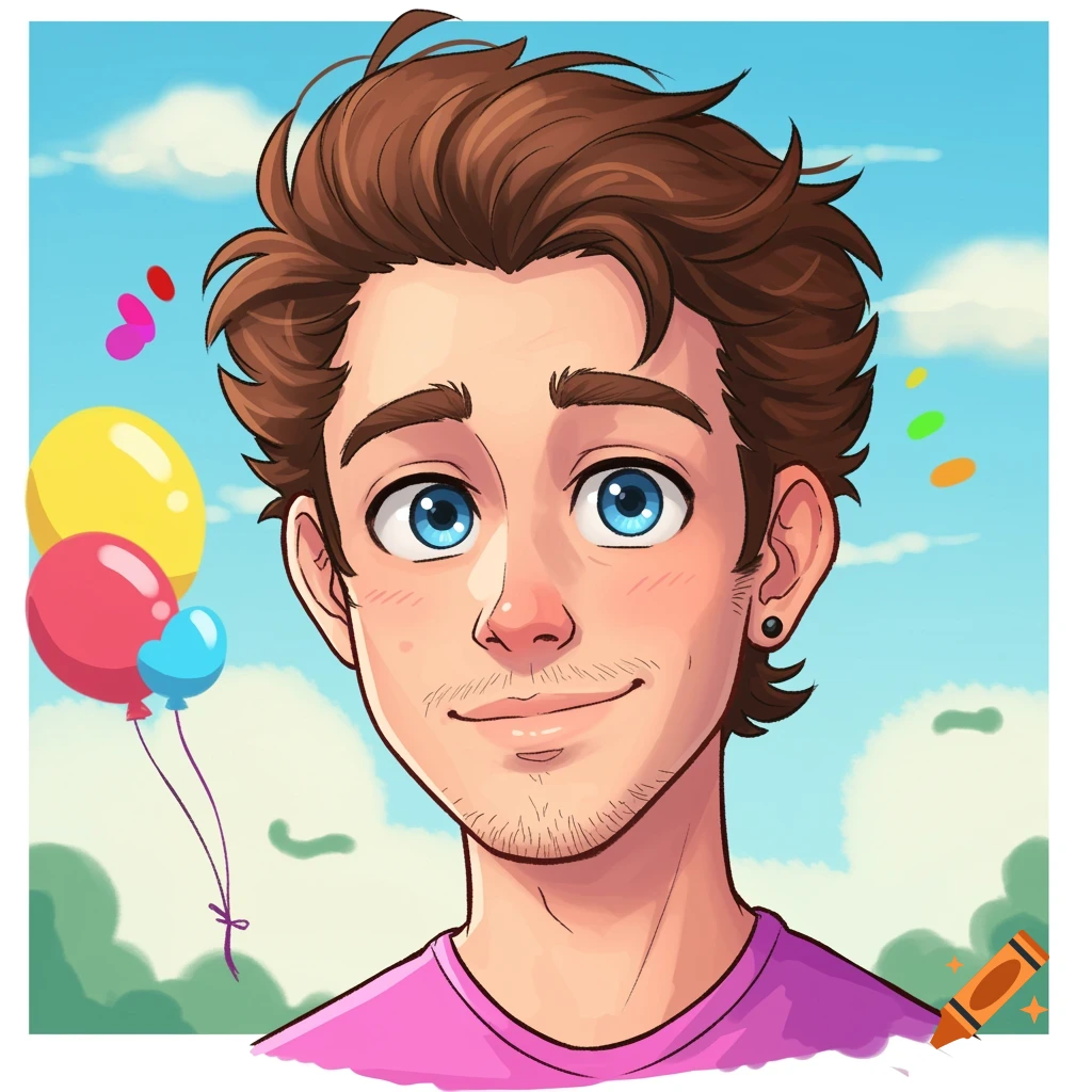 Cartoon portrait of a young man with brown hair and blue eyes, smiling, with balloons in the background.