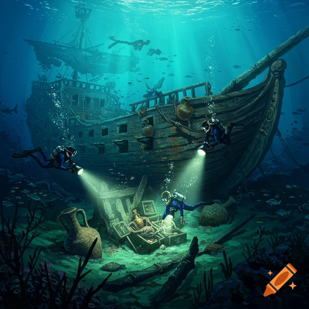 Divers explore a sunken shipwreck and treasure chest underwater.