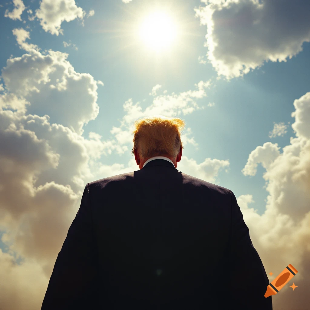 Donald Trump seen from behind looking up at bright sun in cloudy sky.