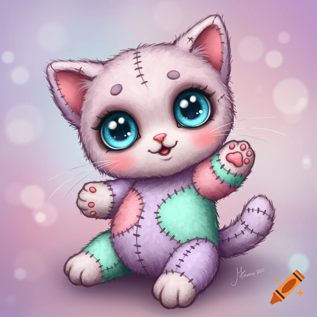 Cute patchwork rag doll kitten with big blue eyes, sitting and waving, illustration.