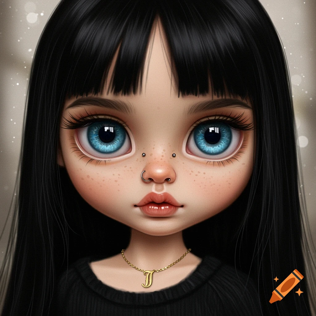 Close-up stylized illustration of a doll face with big blue eyes, black hair, nose piercings, and a 'J' necklace.