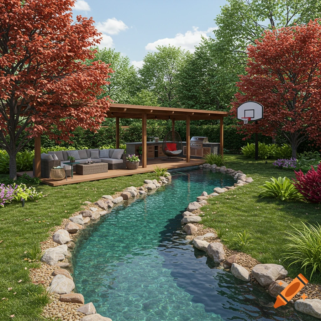 A luxurious backyard with a meandering lazy river, covered patio seating, outdoor kitchen, trees, and a basketball hoop.