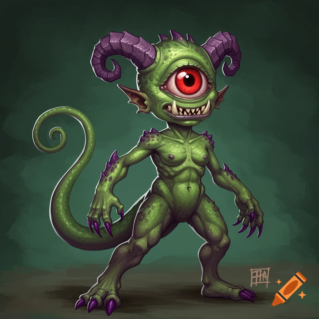 A green monster with a large red eye, purple horns, and a long curly tail.