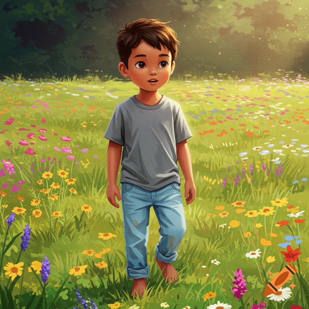 An illustration of a young boy walking barefoot through a field of colorful wildflowers.
