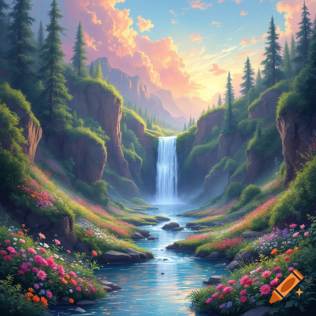 A vibrant valley landscape featuring a waterfall cascading into a river surrounded by colorful flowers and lush greenery under a dramatic sunset sky.