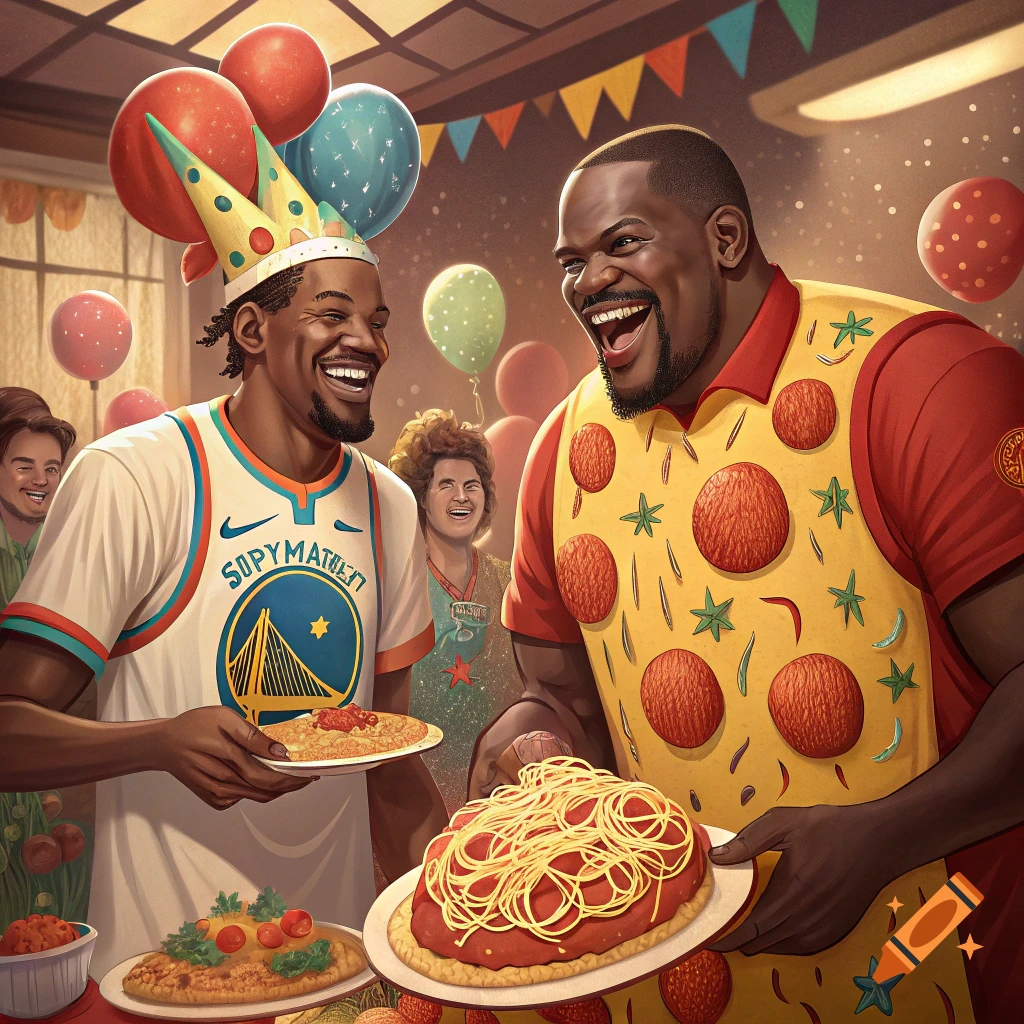 Kevin Durant and Shaquille O'Neal laugh, holding plates of pizza and spaghetti at a colorful party with balloons.