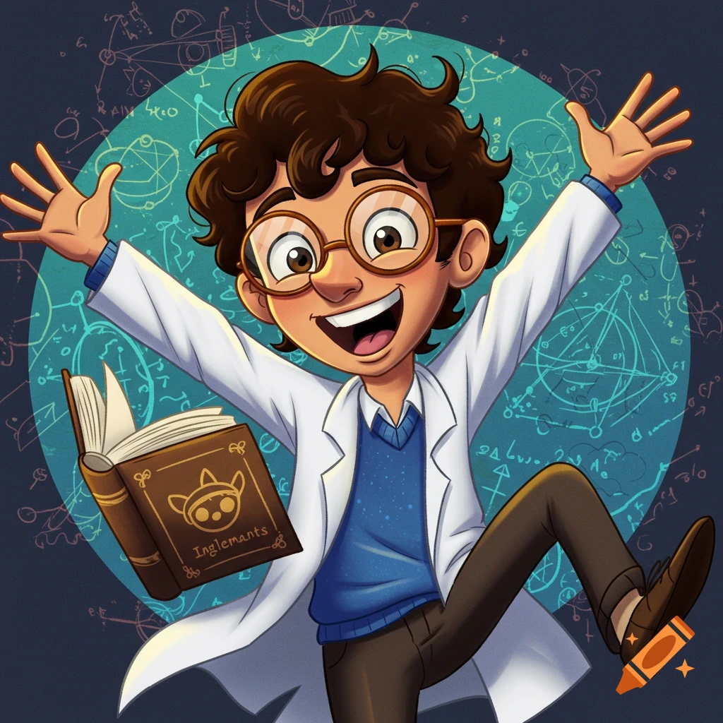 Excited cartoon child scientist in lab coat and glasses holding a book, surrounded by scientific symbols.