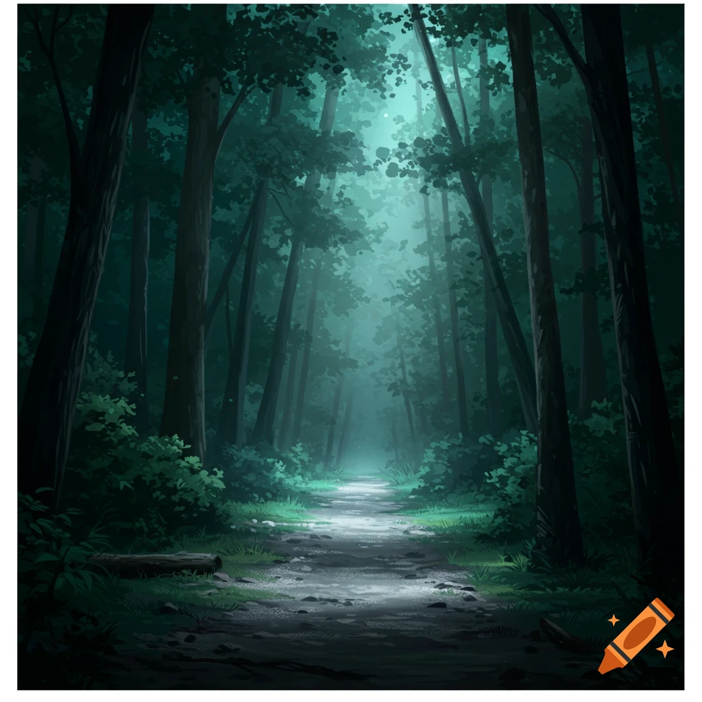 A light-dappled path winds through a dark, misty forest illustration.