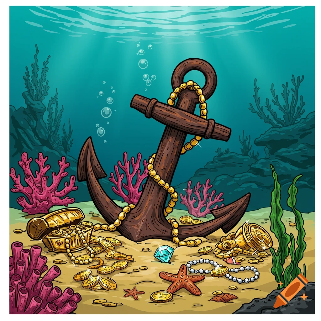 Illustration of an anchor on the seabed surrounded by gold coins, jewels, coral, and sea plants.