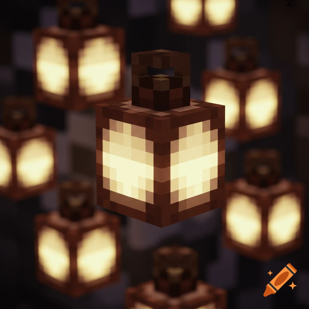Multiple glowing Minecraft-style lanterns with blocky 16x textures and bloom effect.