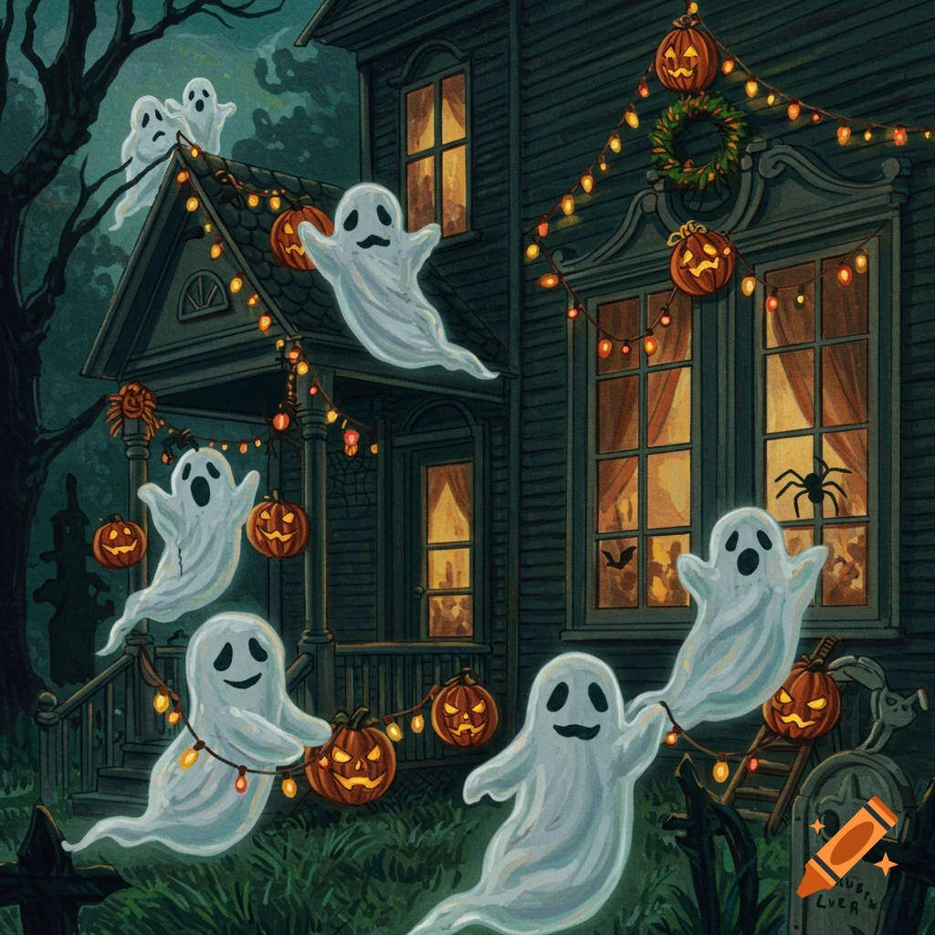 Ghosts floating around a haunted house decorated with Halloween pumpkins and string lights in an illustrative style.