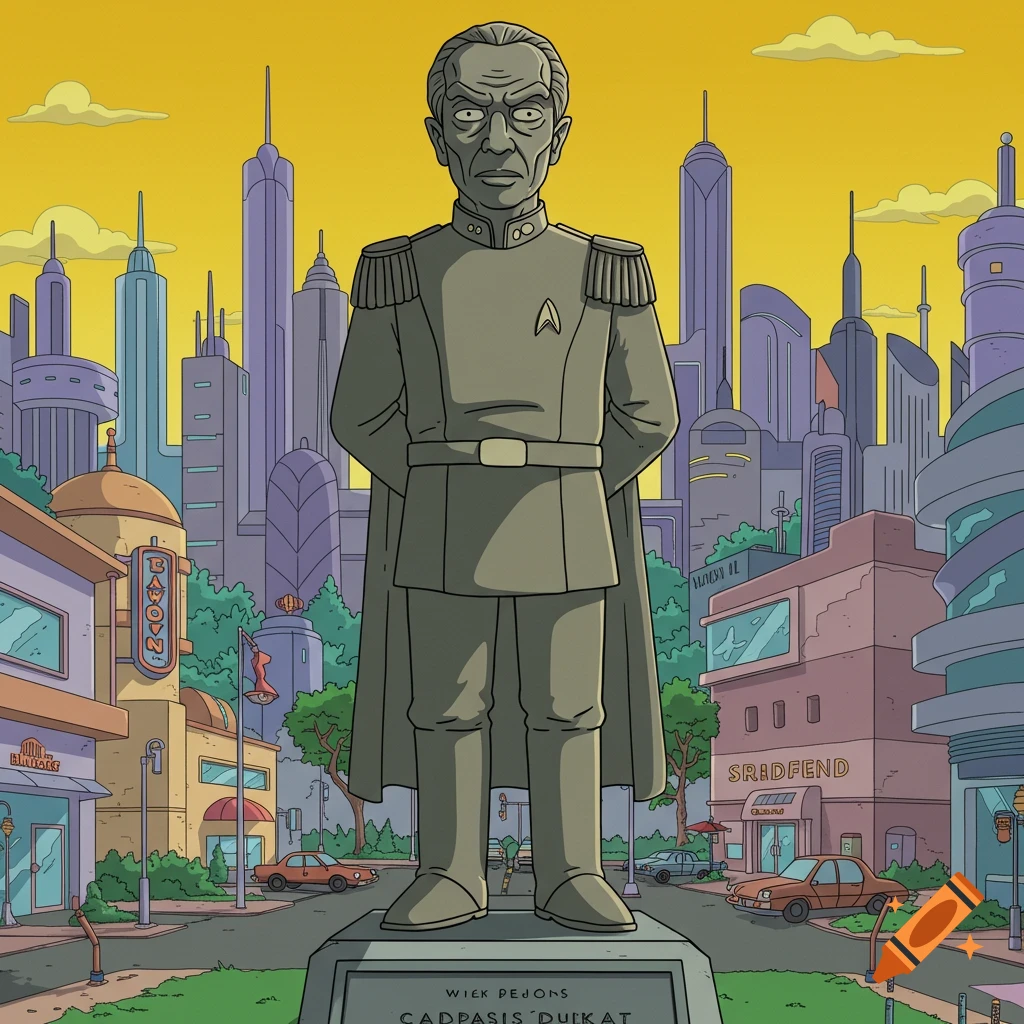 Statue resembling Star Trek character Gul Dukat in a cartoon city scene, The Simpsons style