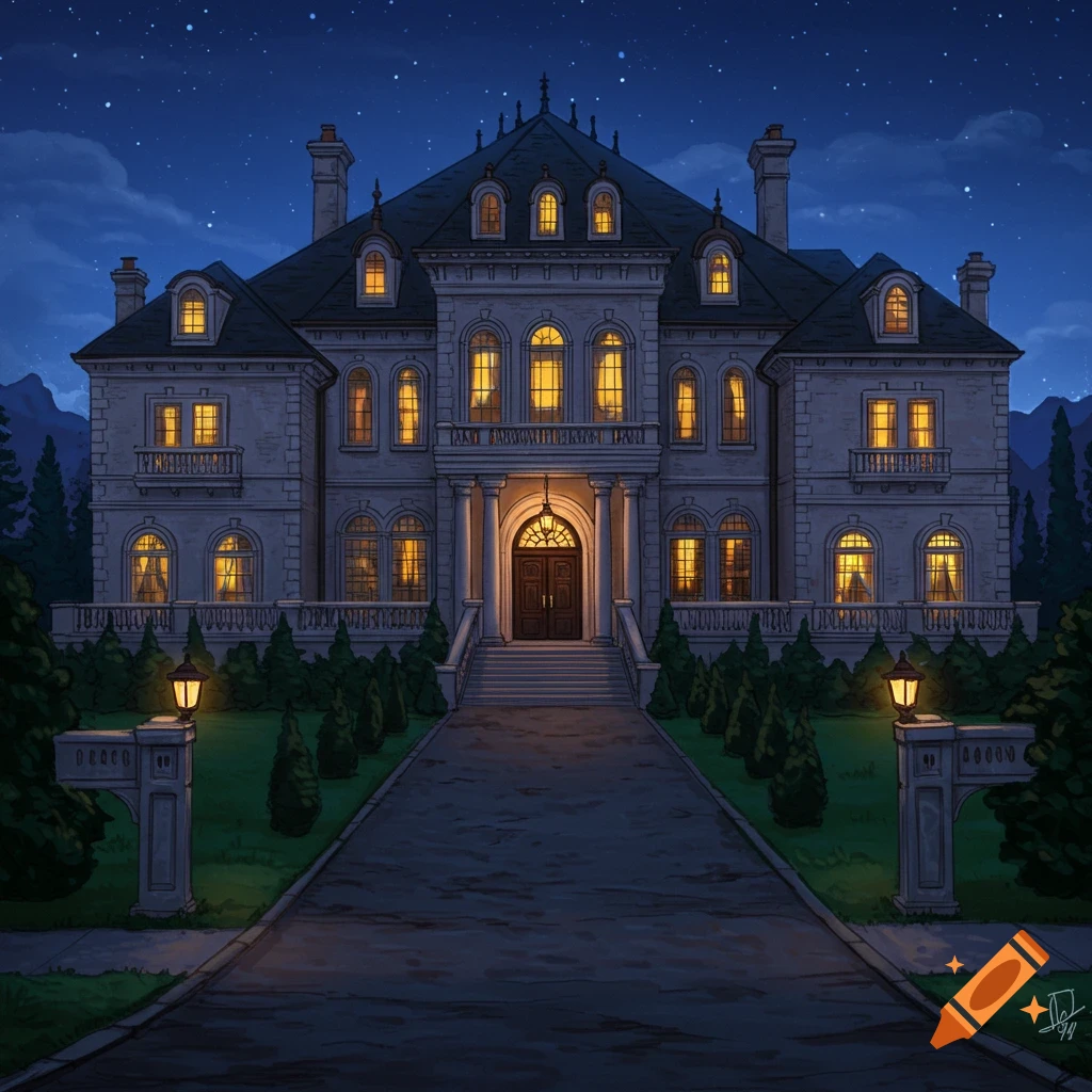 An illustration of a large, ornate mansion with lit windows and a long driveway at night under a starry sky.
