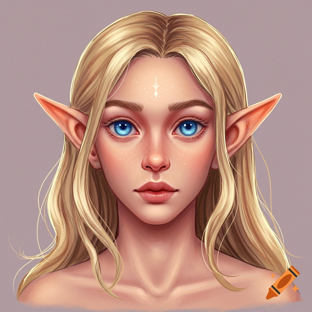 A fantasy character with blonde hair, blue eyes, and pointed ears.