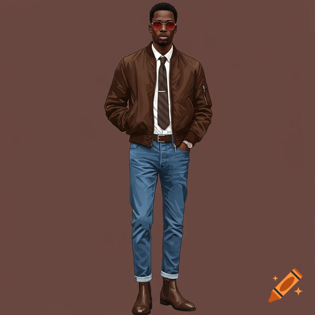 Illustration of a man in a brown bomber jacket, white shirt, tie, jeans, chelsea boots, and red sunglasses.