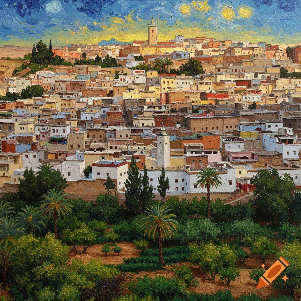 Painting of a Moroccan city on a hill in Van Gogh style