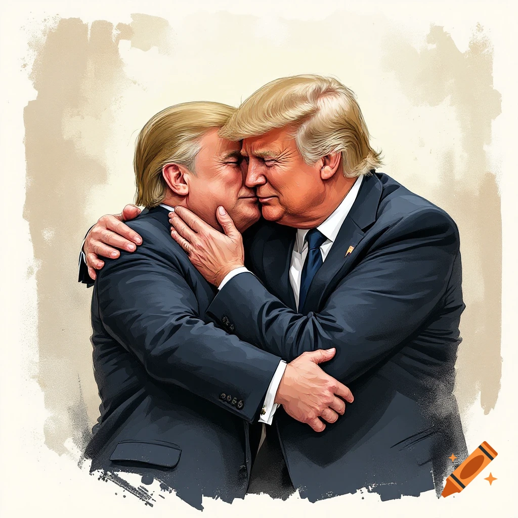 Illustration of two men resembling Donald Trump and Vladimir Putin in a close embrace.