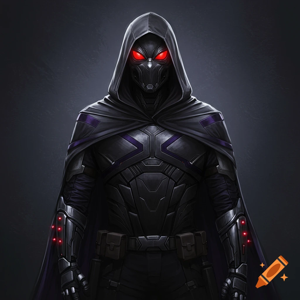 A masked figure in dark futuristic armor with a hooded cloak and glowing red eyes.