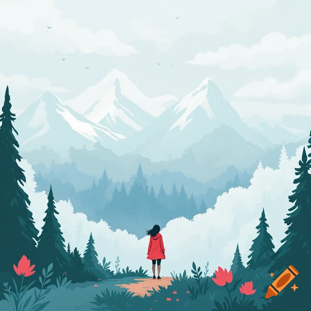 Illustration of a person in a red coat standing on a path looking at mountains, forests, and clouds.