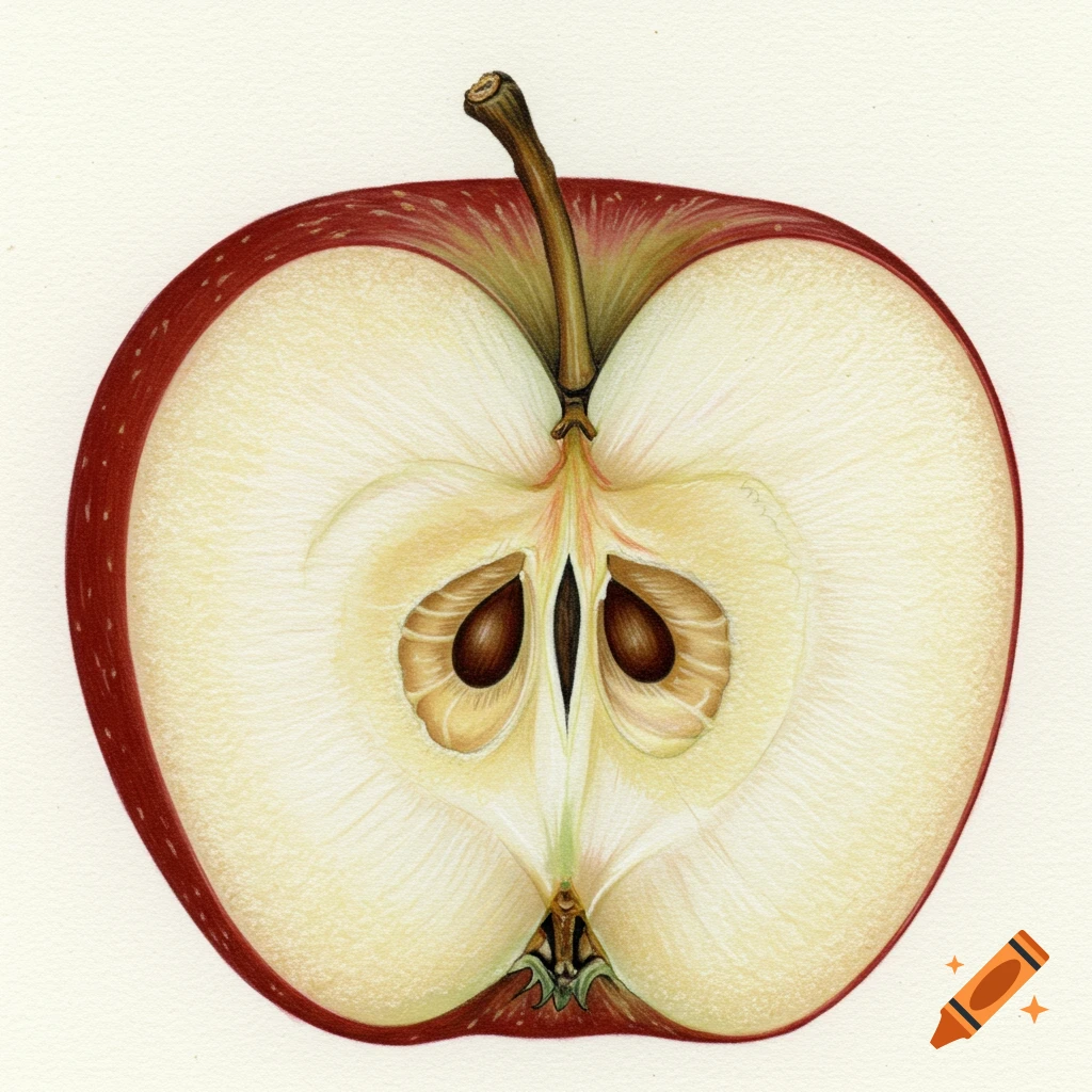 Cross-section of a red apple showing seeds and core, in a botanical illustration style.