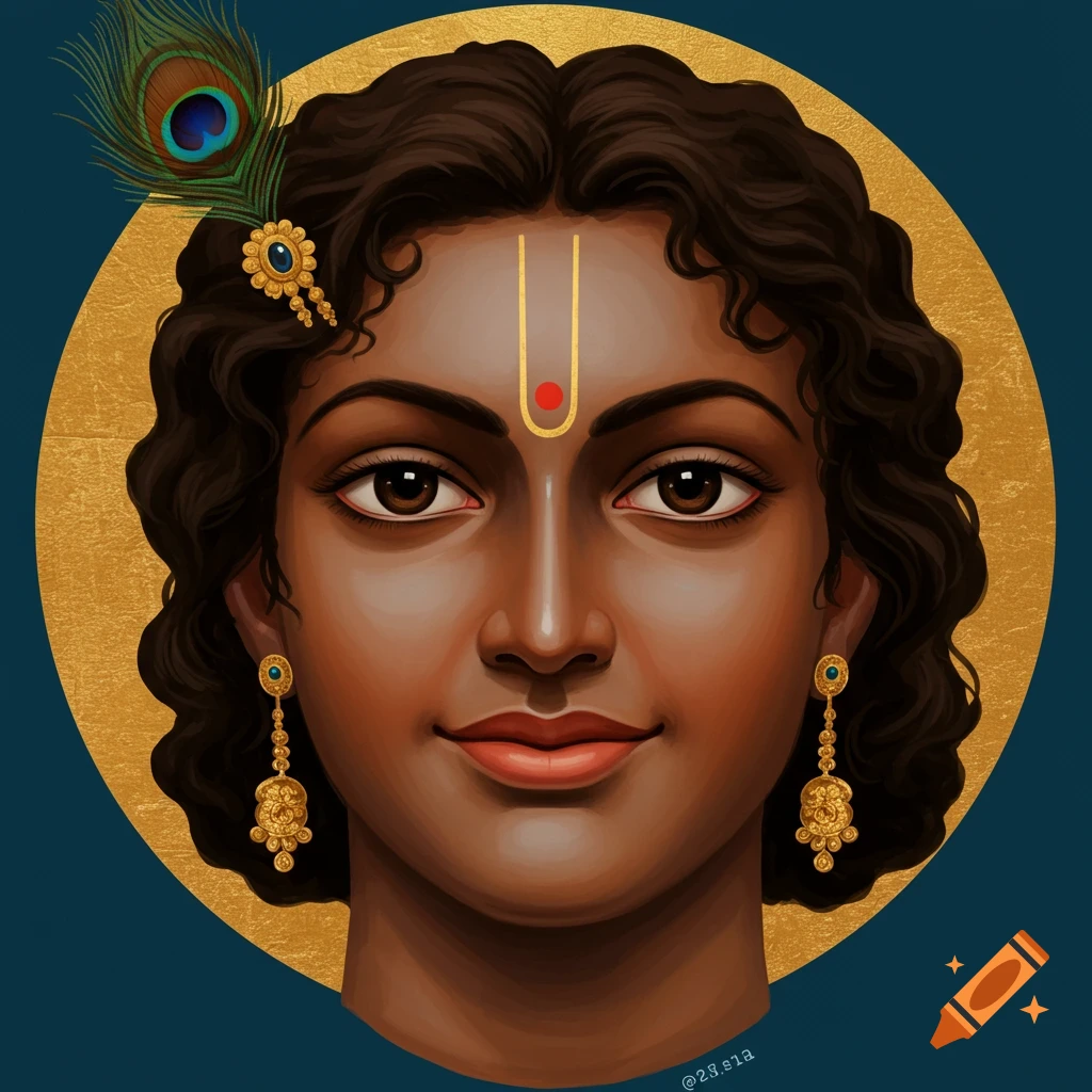 Illustration of Krishna with a peacock feather and golden background