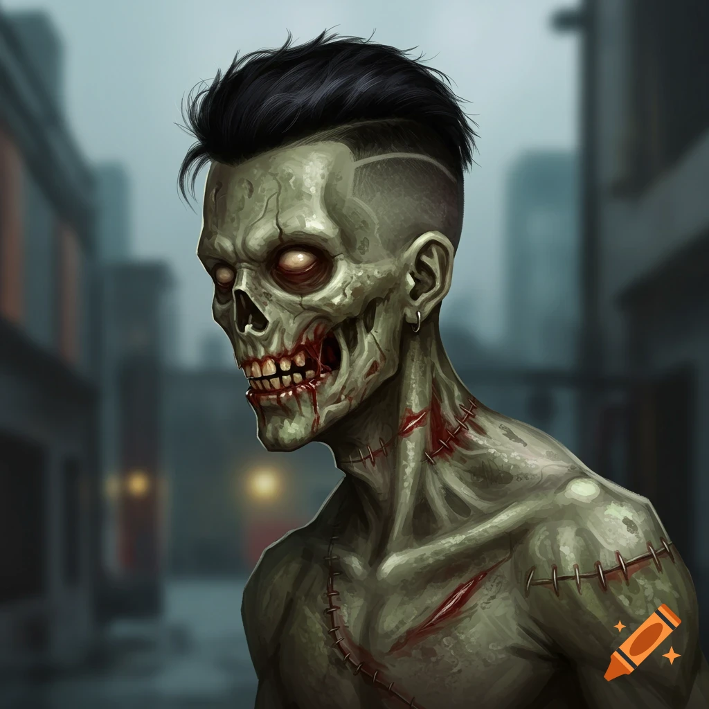 Detailed illustration of a zombie with a low taper fade haircut.