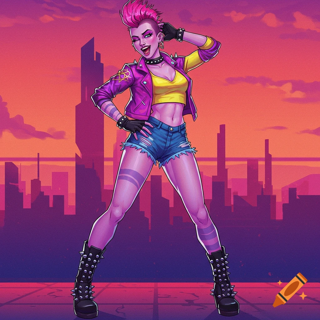 Illustration of a punk woman with a pink mohawk in a purple jacket and shorts posing in front of a city skyline at sunset.