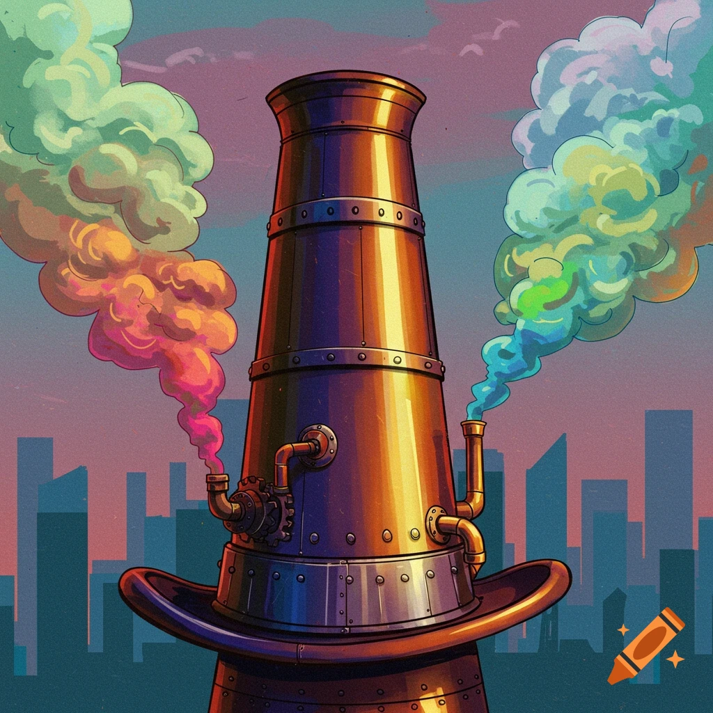 Stylized illustration of a steampunk smokestack hat against a city skyline with colored smoke.