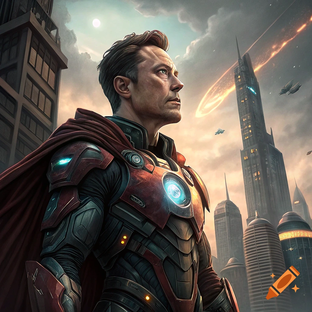 Portrait of Elon Musk as a superhero standing in a futuristic city.