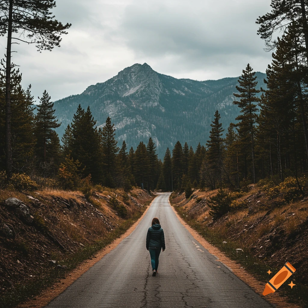 A person walks down a road towards a mountain surrounded by forests under a cloudy sky.